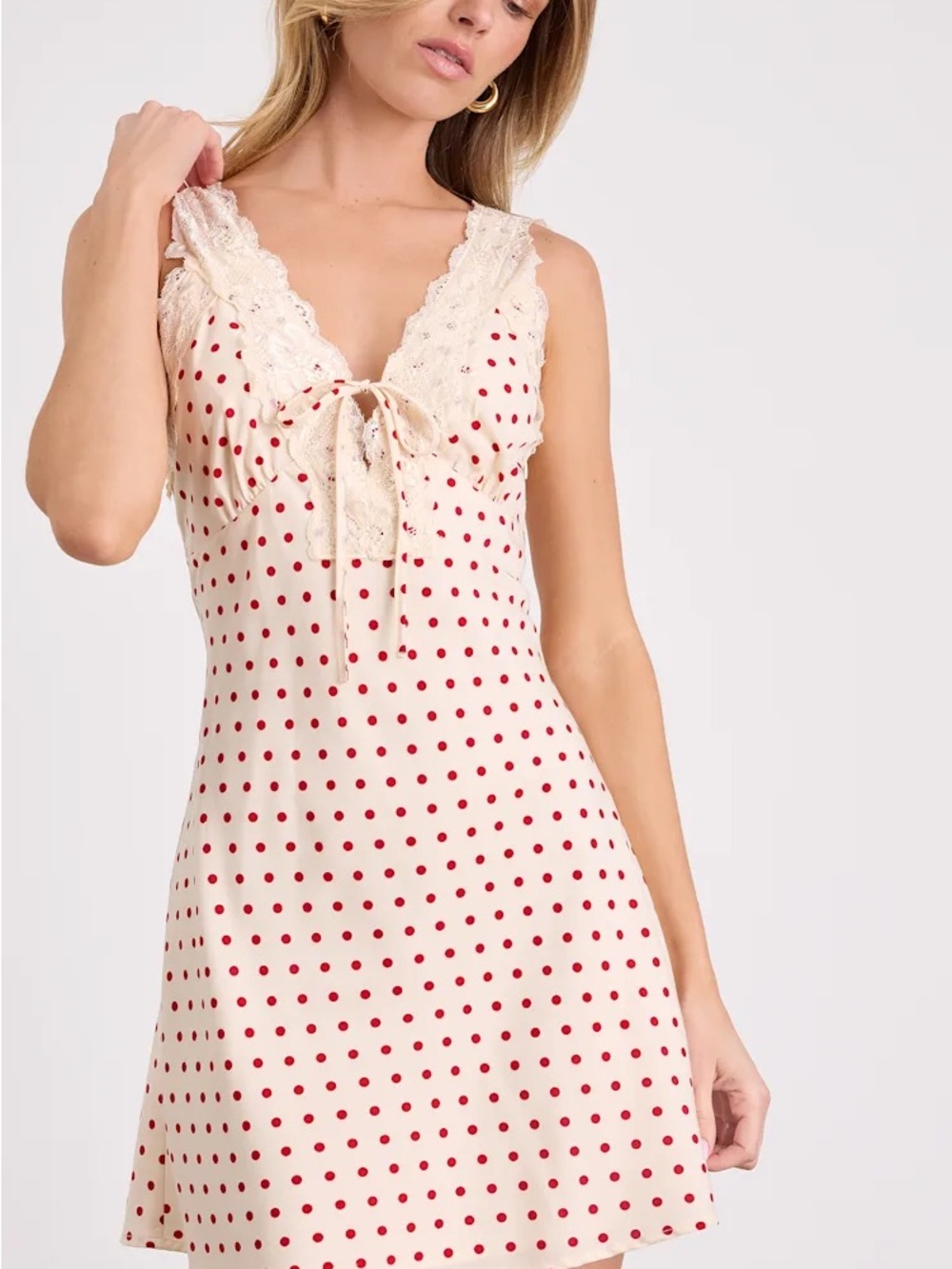Lulu's Cream Slip Dress with Red Polka Dots